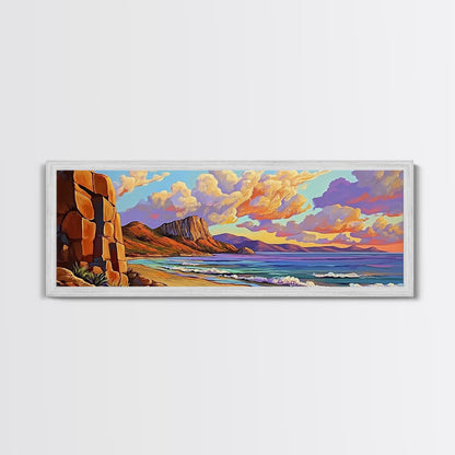 Sunset Beach View, Coastal Mountain Landscape, Peaceful Ocean Wall Art, Framed Canvas Print, Boho Bedroom or Living Room Decor
