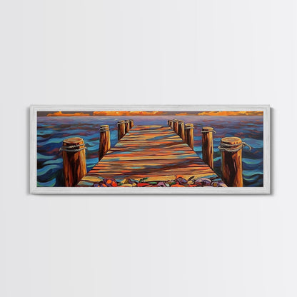 Wooden Dock Sunset, Ocean Pier Painting, Tranquil Seascape Decor, Nautical Beach House Style, Framed Canvas Print