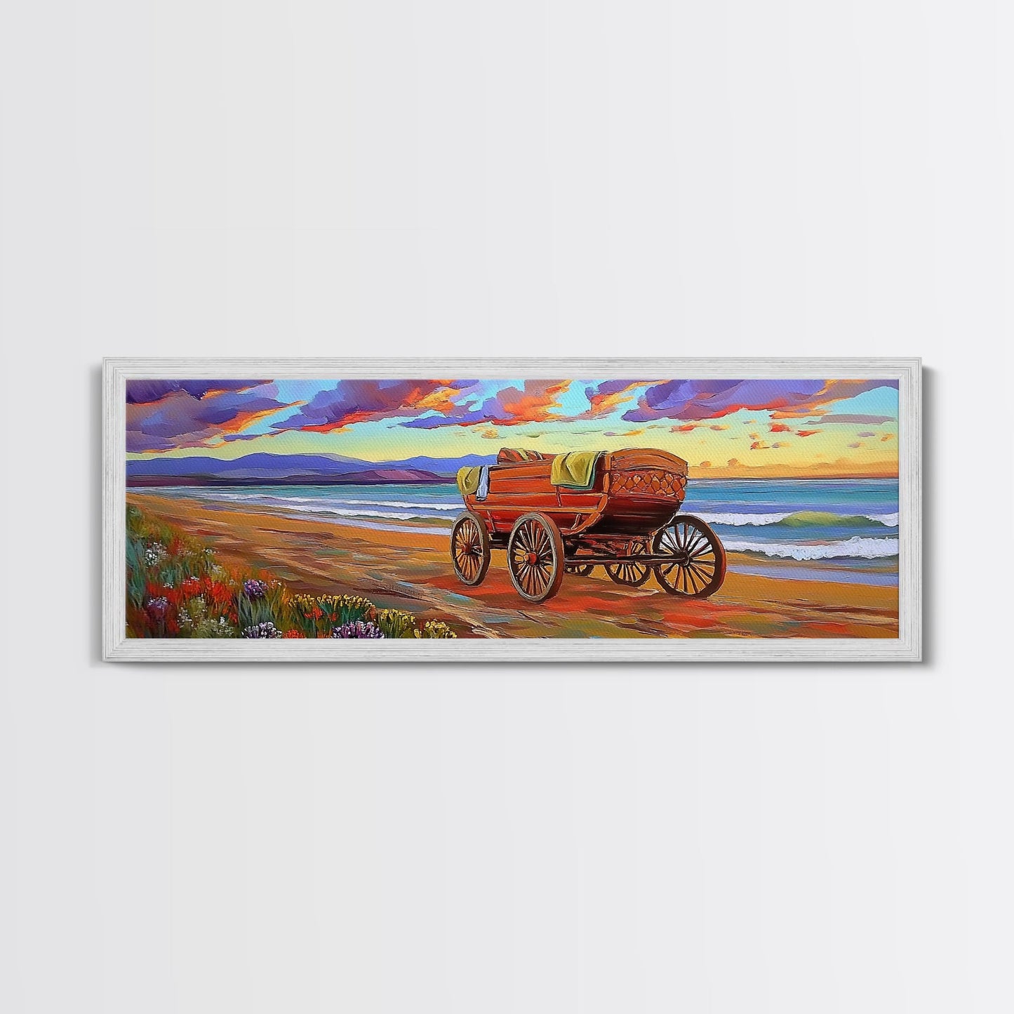 Wagon Beach, Country Ocean, Sunset Retreat, Rustic Cart, Framed Canvas Print, Farmhouse Coastal Art, Entryway Western Decor