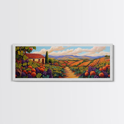 Autumn Vineyard Path, Rustic Countryside, Orange and Purple Art, Framed Canvas Print, Kitchen Wall Decor, Fall Landscape Painting