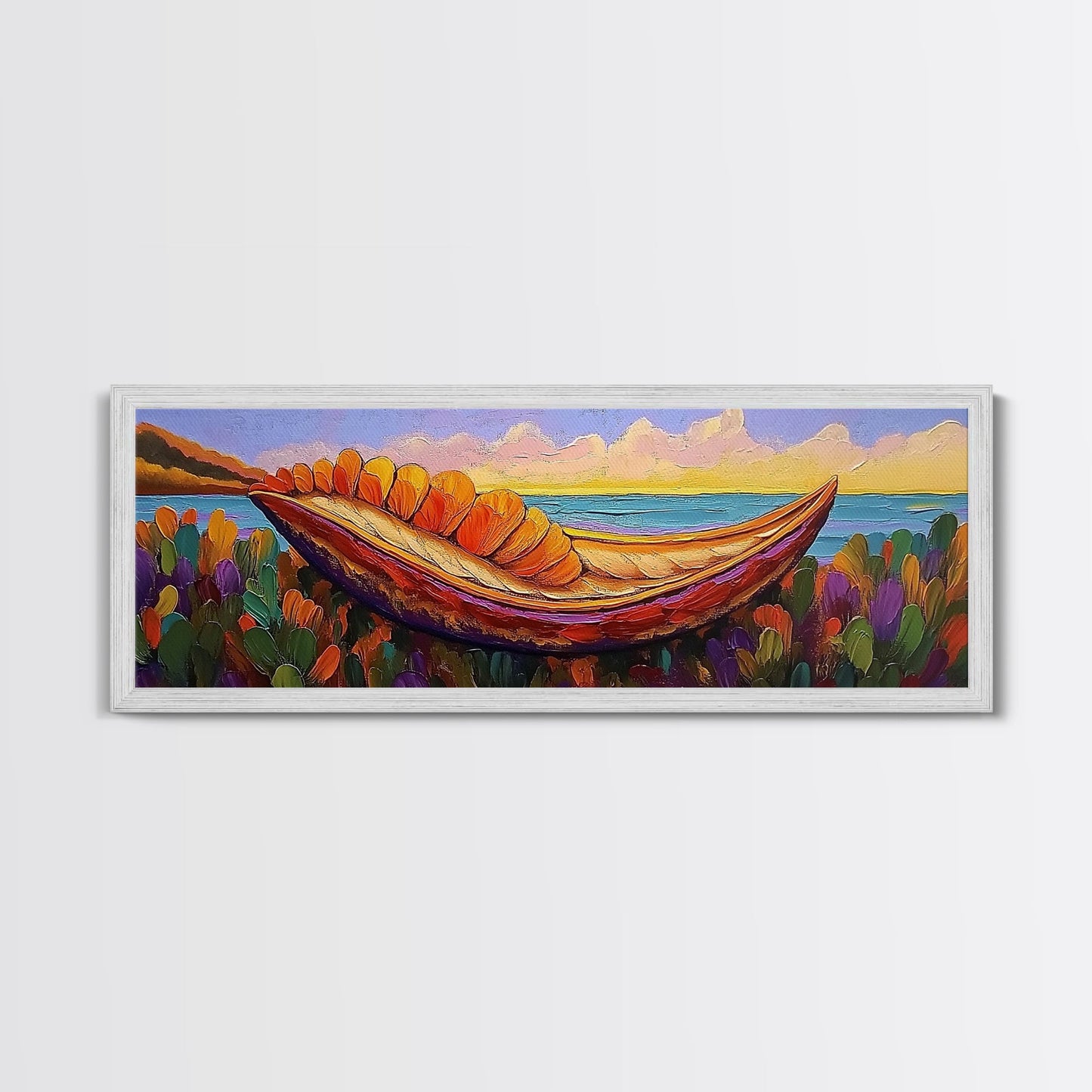 Vibrant Canoe Shell, Coastal Fantasy Art, Ocean Dreamscape, Framed Canvas Print, Tropical Wall Decor, Beach House Accent Piece