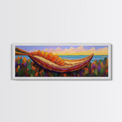 Vibrant Canoe Shell, Coastal Fantasy Art, Ocean Dreamscape, Framed Canvas Print, Tropical Wall Decor, Beach House Accent Piece