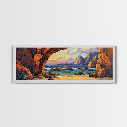 Coastal Archway View, Rocky Beach Sunset, Ocean Serenity, Framed Canvas Print, Nautical Living Room Art, Seaside Escape Scene
