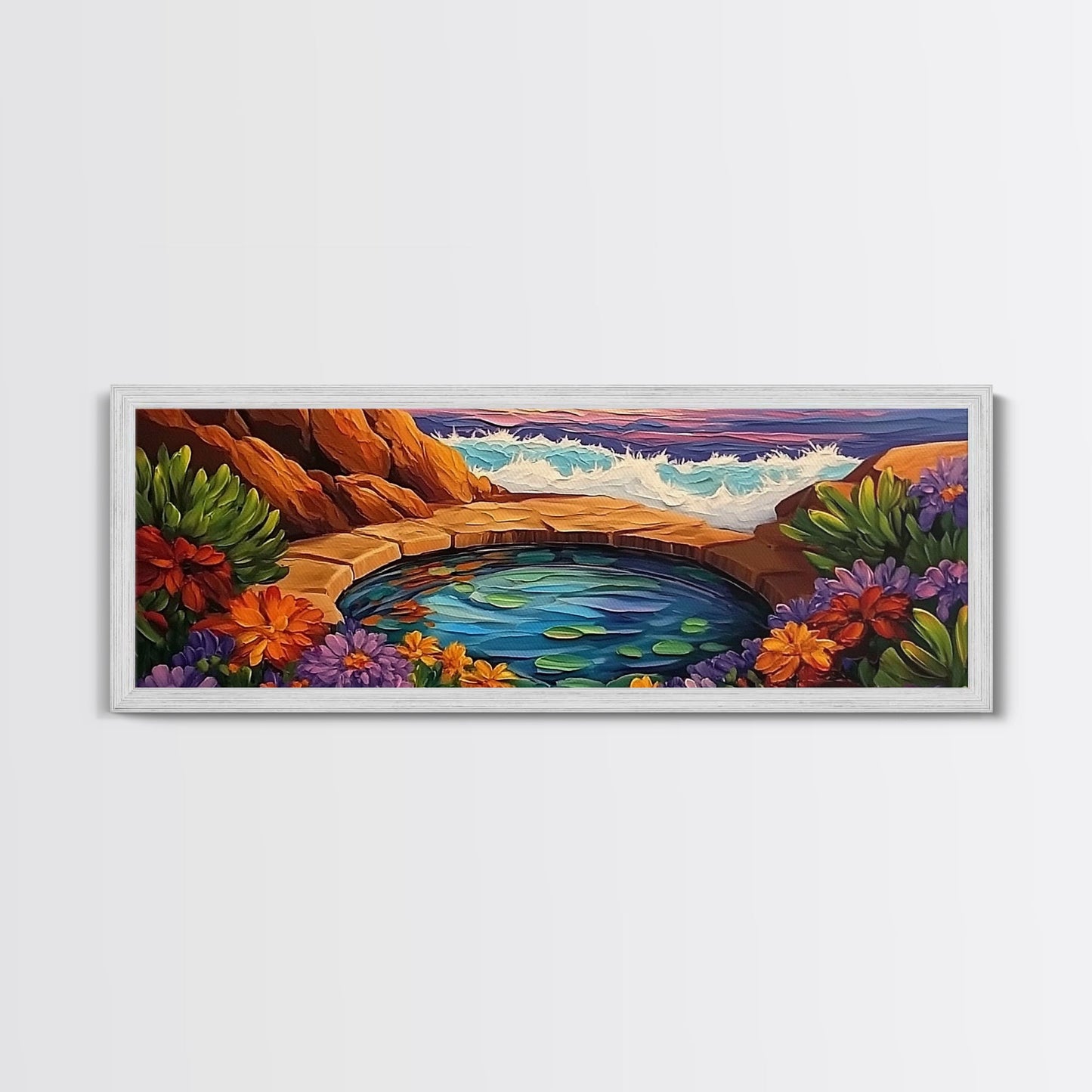 Garden Oasis, Coastal Pool, Tropical Bloom, Framed Canvas Print, Bathroom Wall Art, Vibrant Nature Decor, Colorful Landscape Art