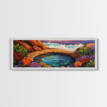 Garden Oasis, Coastal Pool, Tropical Bloom, Framed Canvas Print, Bathroom Wall Art, Vibrant Nature Decor, Colorful Landscape Art