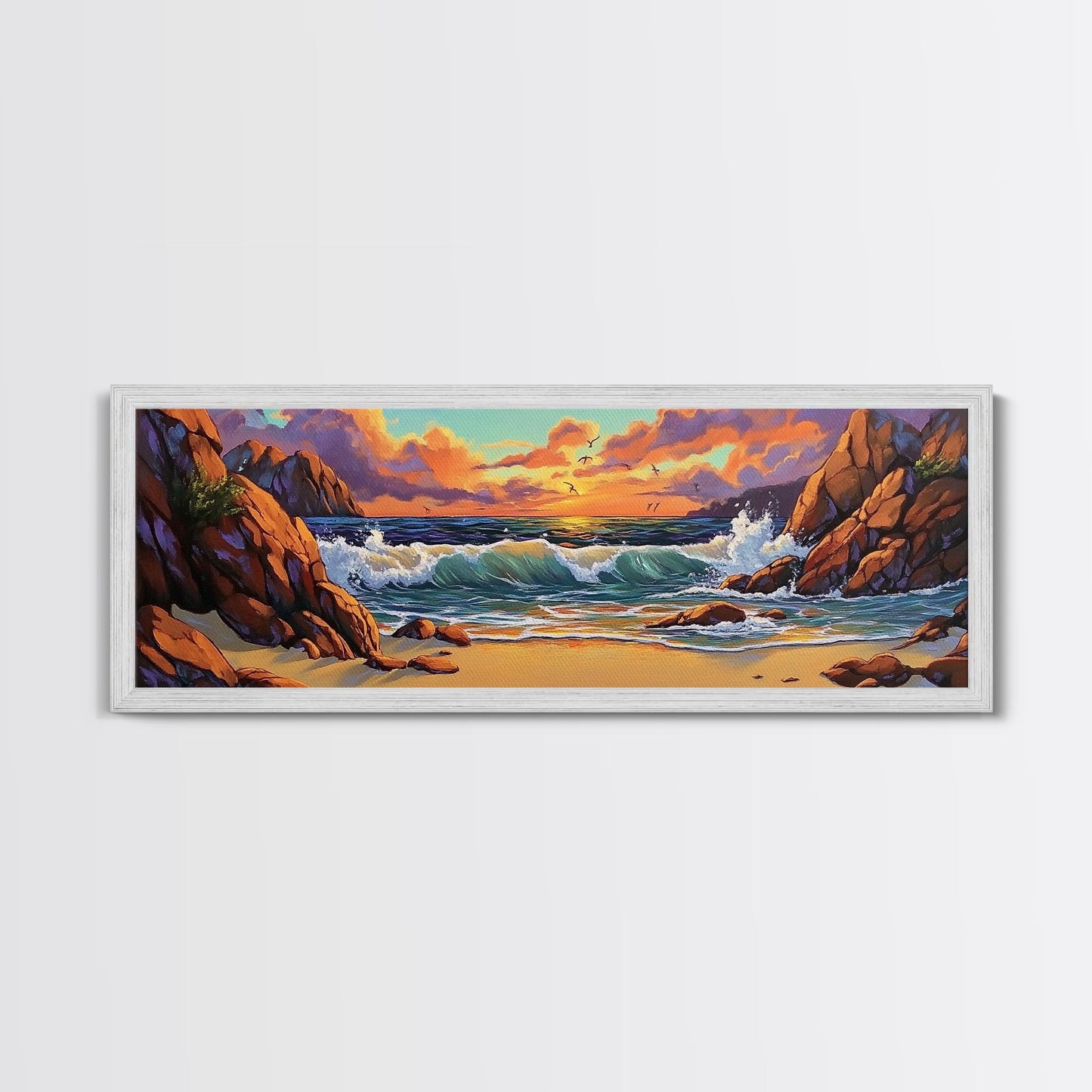 Sunset Beach Waves, Dramatic Ocean, Bold Skies, Framed Canvas Print, Entryway Wall Art, Nature Escape, Colorful Beach Scene