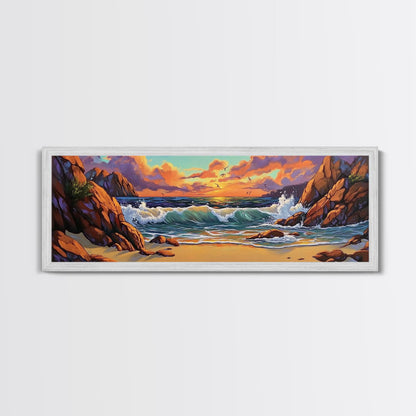 Sunset Beach Waves, Dramatic Ocean, Bold Skies, Framed Canvas Print, Entryway Wall Art, Nature Escape, Colorful Beach Scene