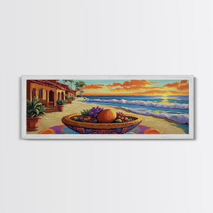 Sunset Beach, Ocean Fruit Bowl, Coastal Vibes, Framed Canvas Print, Tropical Kitchen Wall Art, Colorful Seaside Home Decor