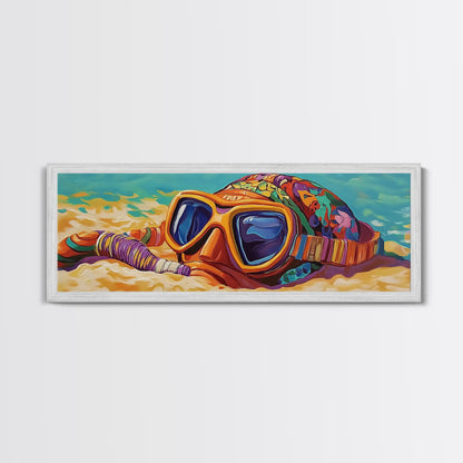 Snorkel Mask, Beach Fun, Vibrant Waves, Framed Canvas Print, Coastal Bathroom Wall Art, Bright Tropical Decor, Playful Ocean Art