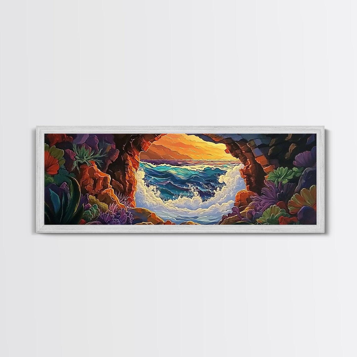 Ocean Cave View, Sunset Waves, Coastal Decor, Tropical Art, Framed Canvas Print, Beach House Wall Art, Vibrant Seascape, Boho Style