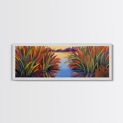 Sunset Reeds, Colorful Marsh, Reflected Peace, Framed Canvas Print, Autumn Wall Art, Living Room Decor, Vibrant Nature Landscape