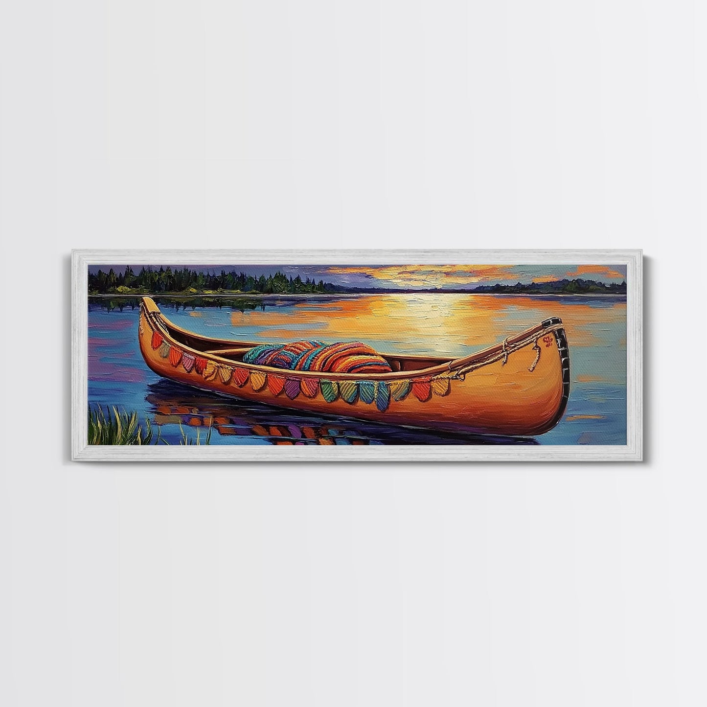 Sunset Canoe Reflection, Serene Lake Art, Cozy Lakeside Decor, Framed Canvas Print, Cabin Wall Art, Peaceful Nature Scene