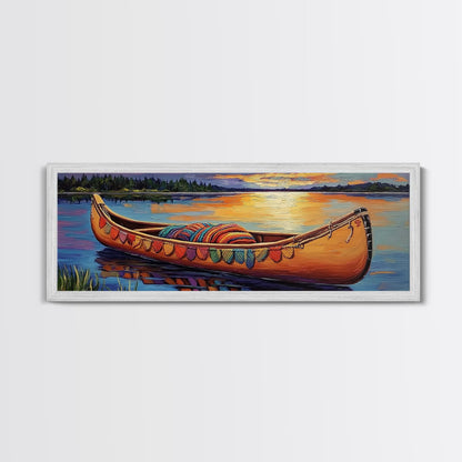 Sunset Canoe Reflection, Serene Lake Art, Cozy Lakeside Decor, Framed Canvas Print, Cabin Wall Art, Peaceful Nature Scene