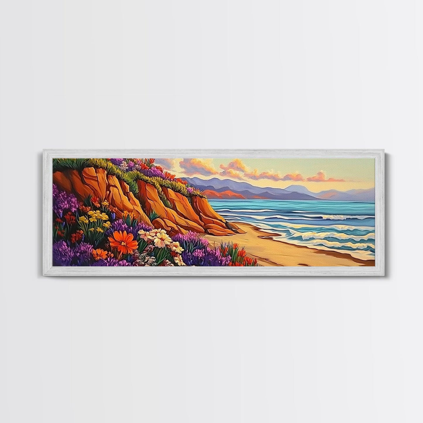 Cliffside Flowers, Ocean Waves, Sunset Coast, Canvas Print, Vibrant Coastal Wall Art, Bedroom or Bathroom Decor, Bohemian Beach Art