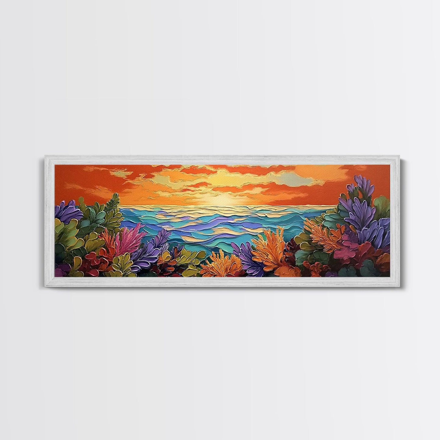 Sunset Ocean, Sea Plants, Tropical Sunset, Bold Colors, Framed Canvas Print, Bathroom Wall Art, Boho Vibes, Coastal Decor