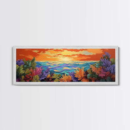 Sunset Ocean, Sea Plants, Tropical Sunset, Bold Colors, Framed Canvas Print, Bathroom Wall Art, Boho Vibes, Coastal Decor