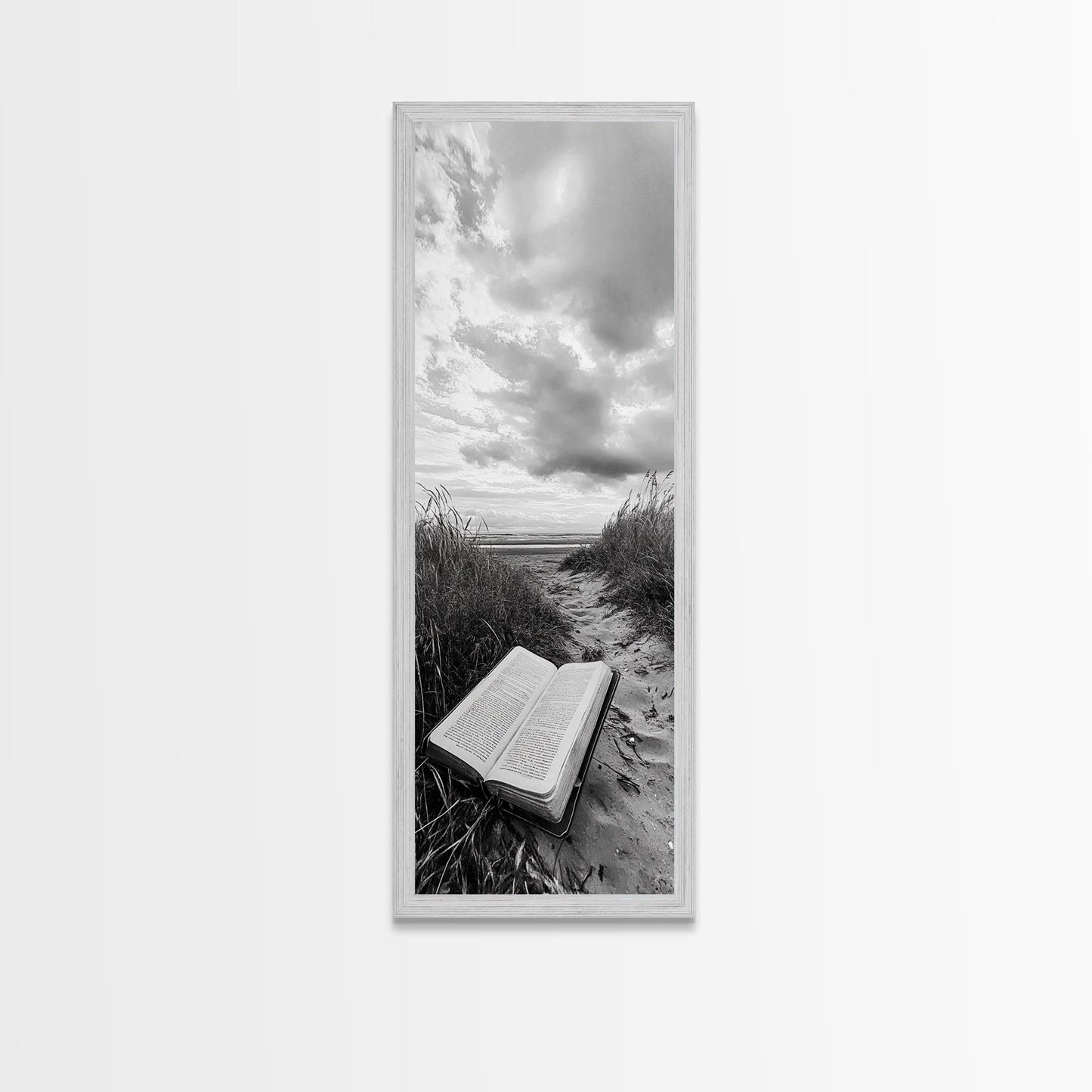 Bible on Beach, Spiritual Escape, Coastal Tranquility, Nature Meditation, Canvas Print, Faith Wall Art, Office Decor, Minimalist Art