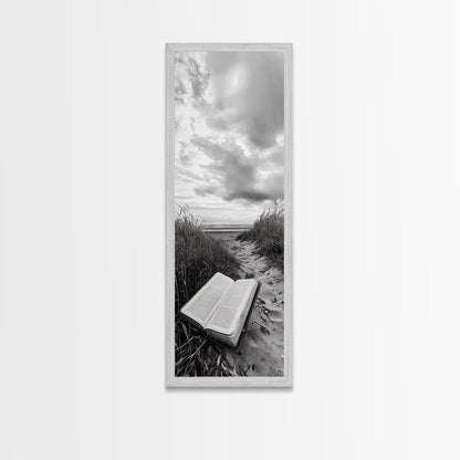 Bible on Beach, Spiritual Escape, Coastal Tranquility, Nature Meditation, Canvas Print, Faith Wall Art, Office Decor, Minimalist Art