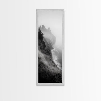 Cliffside Fog, Coastal Mist, Ocean Overlook, Framed Canvas Print, Living Room Wall Art, Monochrome Decor, Moody Landscape, Minimalist Home