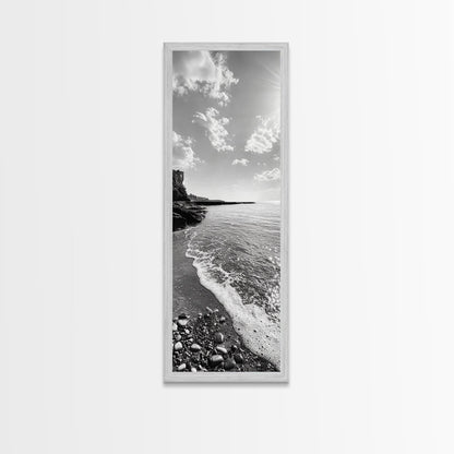 Coastal Shoreline, Pebble Beach, Ocean Breeze, Canvas Print, Bathroom Wall Art, Minimalist Decor, Black White Photography, Seaside Vibe