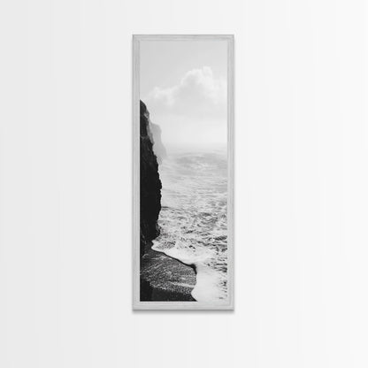 Coastal Cliff, Ocean Waves, Monochrome Seascape, Framed Canvas Print, Minimalist Ocean Art, Bathroom Decor, Nautical Wall Art