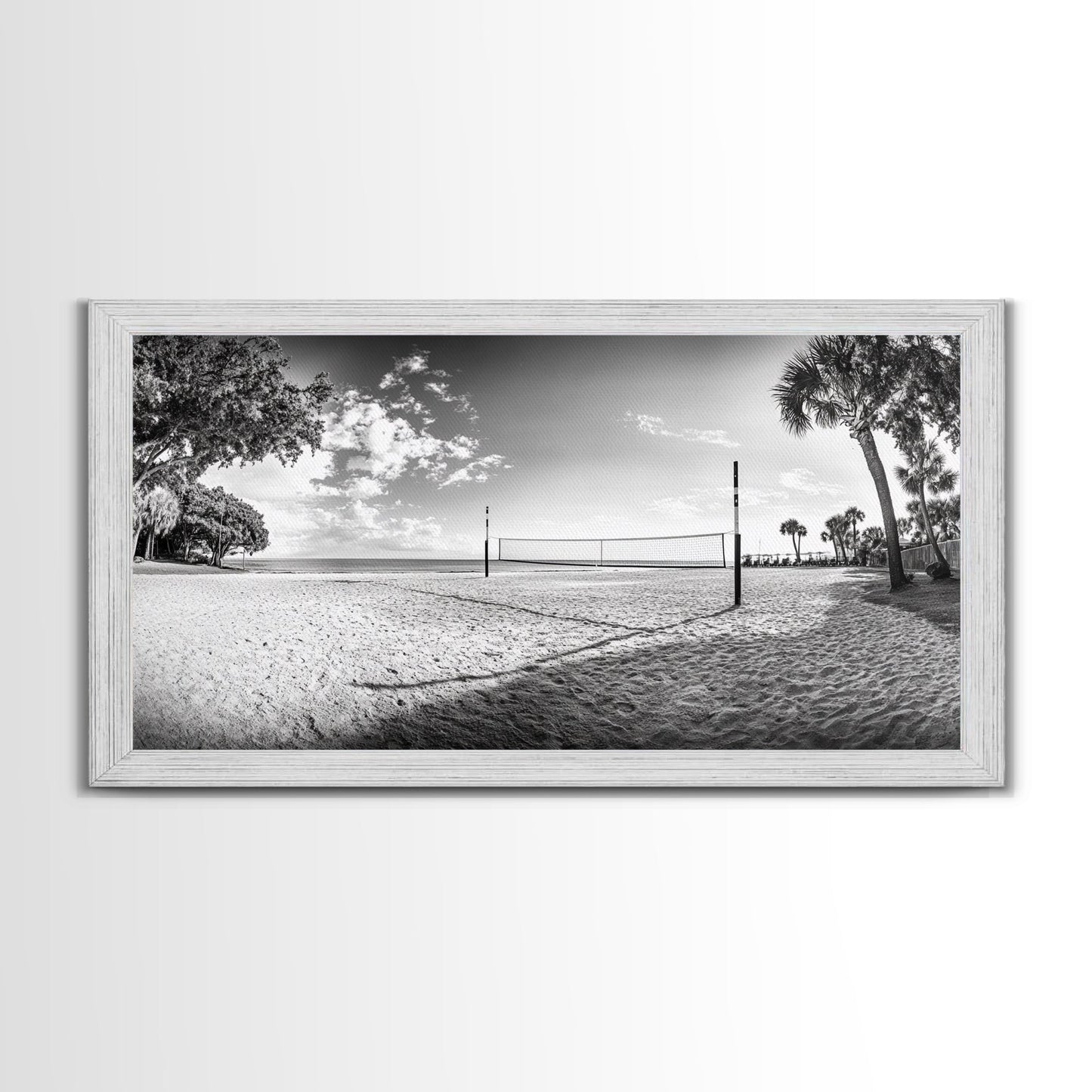 Volleyball Net, Coastal Leisure Scene, Bright Beach Vibe, Framed Canvas Print, Game Room Wall Art, Sporty Summer Beach Style