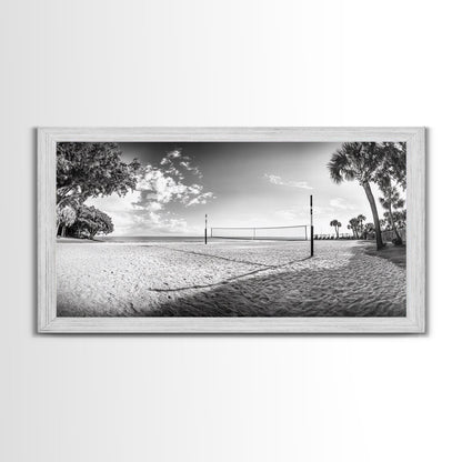 Volleyball Net, Coastal Leisure Scene, Bright Beach Vibe, Framed Canvas Print, Game Room Wall Art, Sporty Summer Beach Style