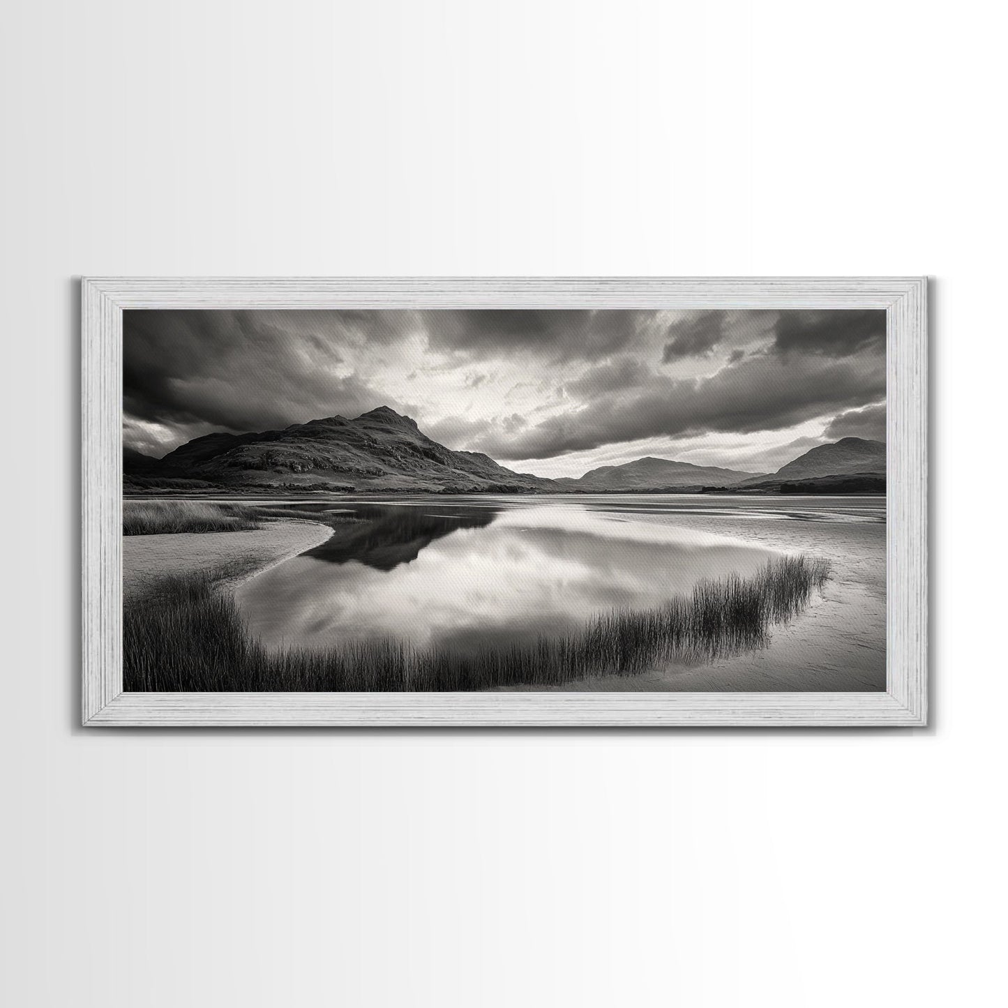 Reflected Mountains, Serene Shore, Cloudy Sky, Lake View, Canvas Print, Bedroom Wall Art, Minimalist Landscape Art, Tranquil Decor