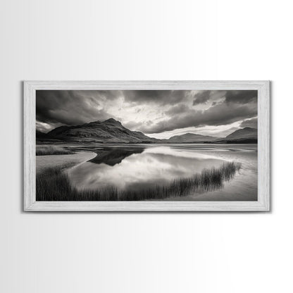 Reflected Mountains, Serene Shore, Cloudy Sky, Lake View, Canvas Print, Bedroom Wall Art, Minimalist Landscape Art, Tranquil Decor