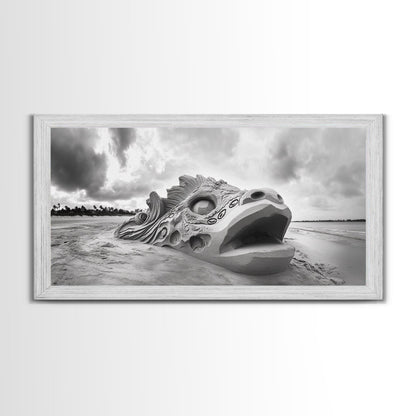 Dragon Head Sculpture, Beach Sand Art, Mythical Creature Decor, Fantasy Vibes, Framed Canvas Print, Game Room Wall Art, Office Wall Art