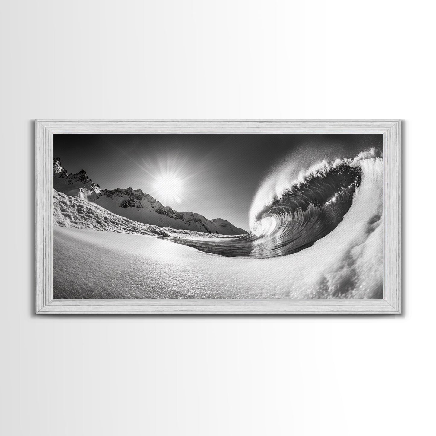 Arctic Wave Motion, Snowy Surf Curl, Mountain Sun Scene, Nature Energy Art, Canvas Print, Living Room Wall Art, Winter Adventure Decor