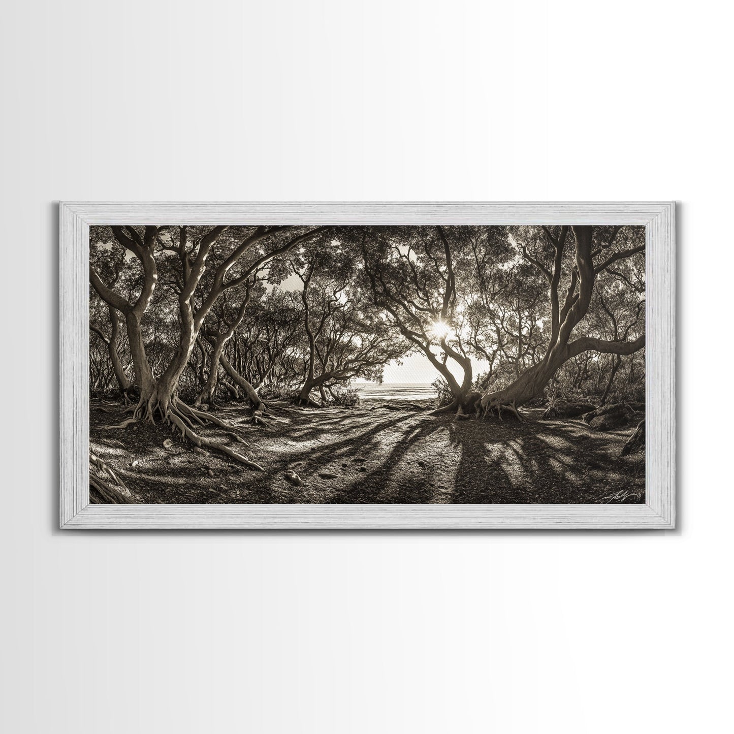 Verzauberter Wald – Licht, Baumschatten, Naturlandschaft, gerahmter Leinwanddruck, rustikale Wandkunst, Walddeko für den Eingangsbereich, Boho-Walddruck