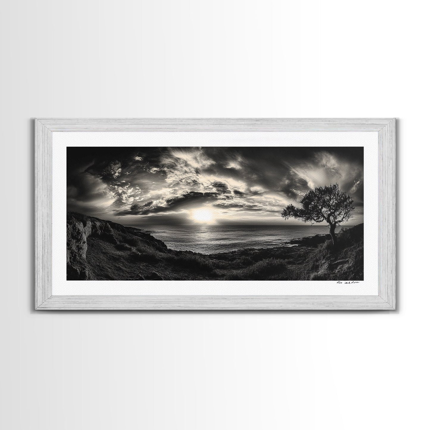 Dramatischer Sonnenuntergang über dem Meer, Küstenbaum, monochrome Landschaft, Leinwanddruck, Wandbild fürs Wohnzimmer, surreale Naturansicht, Meeresblick-Druck