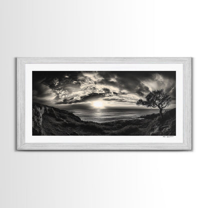 Dramatischer Sonnenuntergang über dem Meer, Küstenbaum, monochrome Landschaft, Leinwanddruck, Wandbild fürs Wohnzimmer, surreale Naturansicht, Meeresblick-Druck