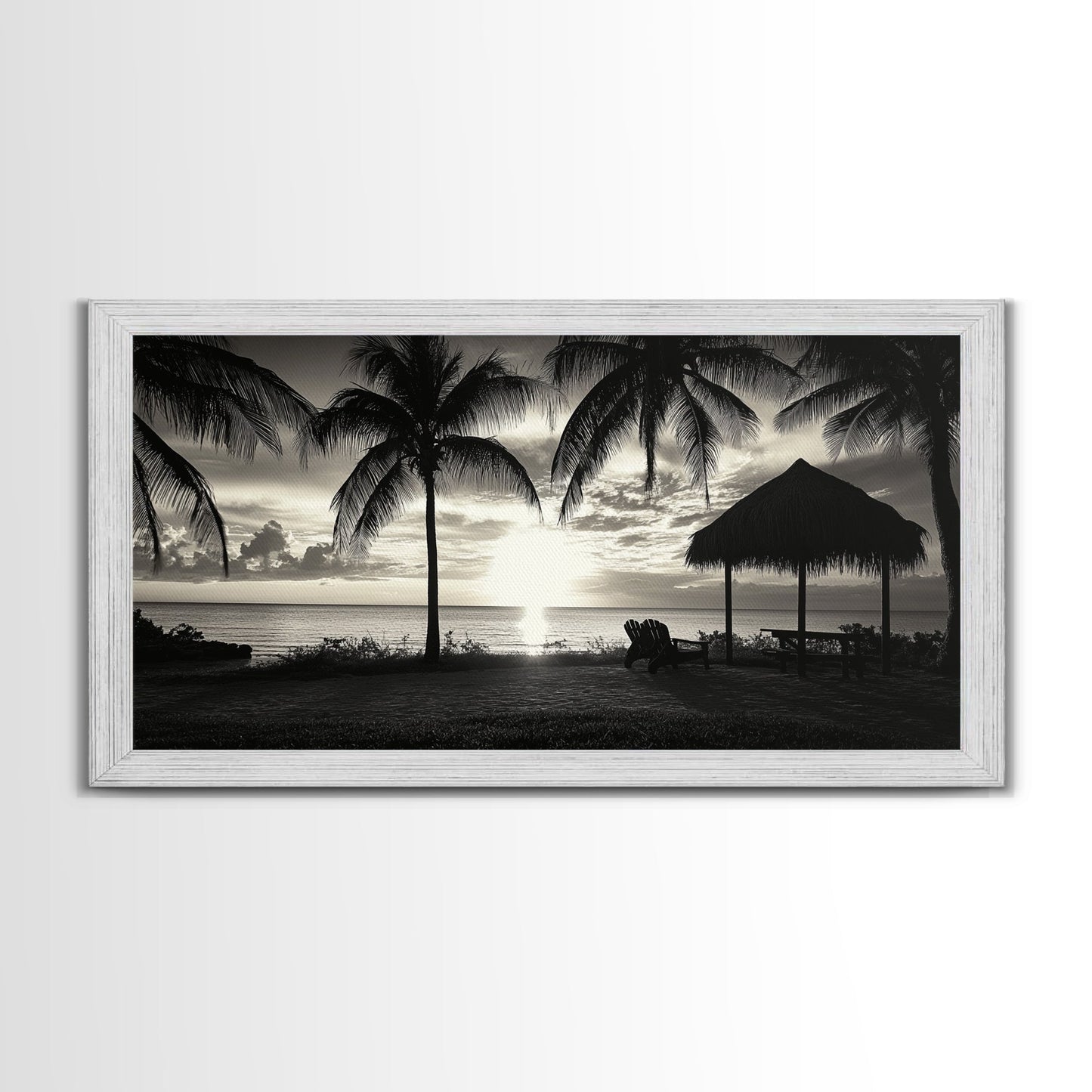 Palm Trees, Beach Sunset, Ocean View, Tiki Hut, Framed Canvas Print, tropical wall art, beach house decor, living room boho art