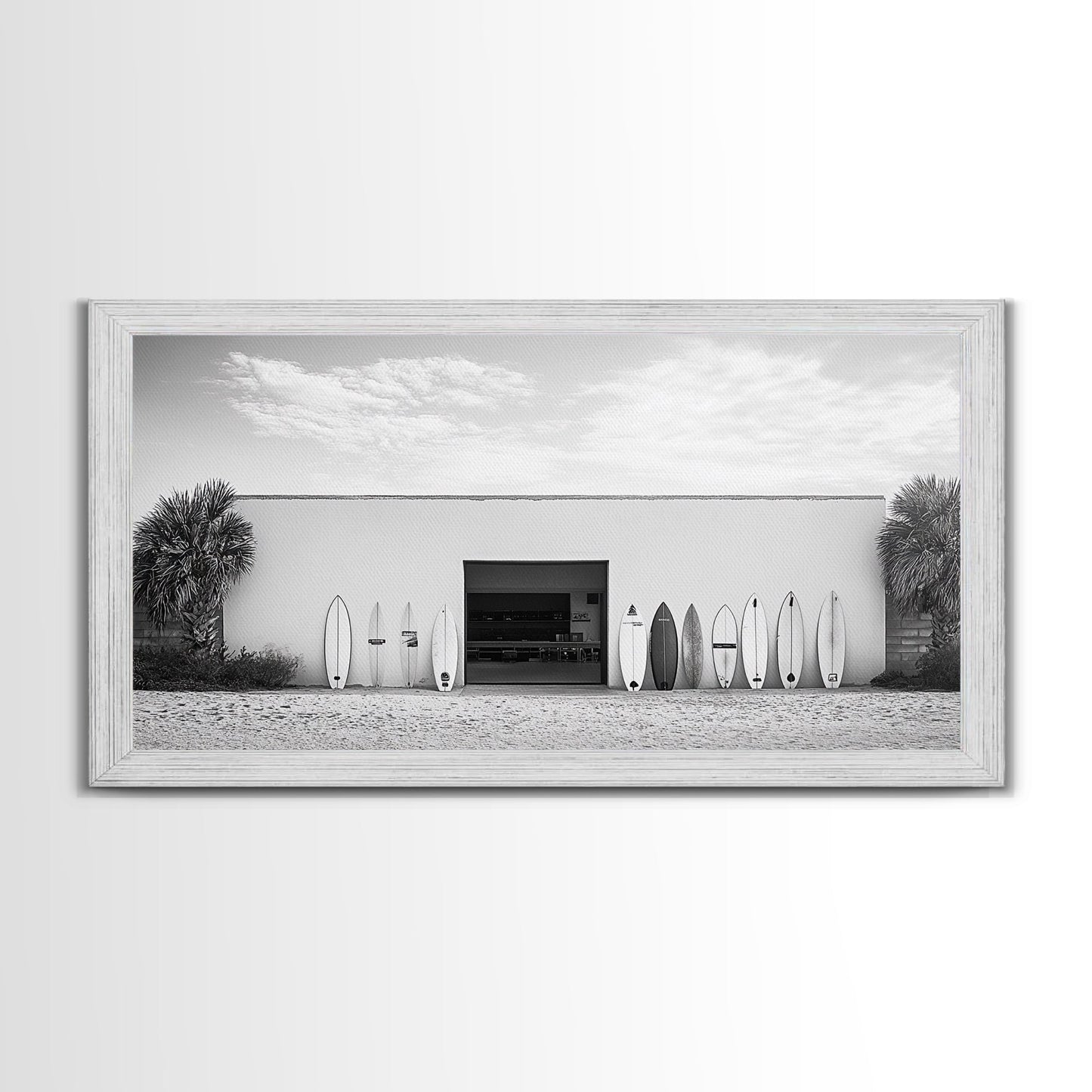 Surfboards, Beach Garage, Modern Coastal, Ocean Style, Framed Canvas Print, surf shack decor, teen room wall art, minimalist beach art