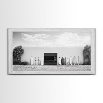 Surfboards, Beach Garage, Modern Coastal, Ocean Style, Framed Canvas Print, surf shack decor, teen room wall art, minimalist beach art