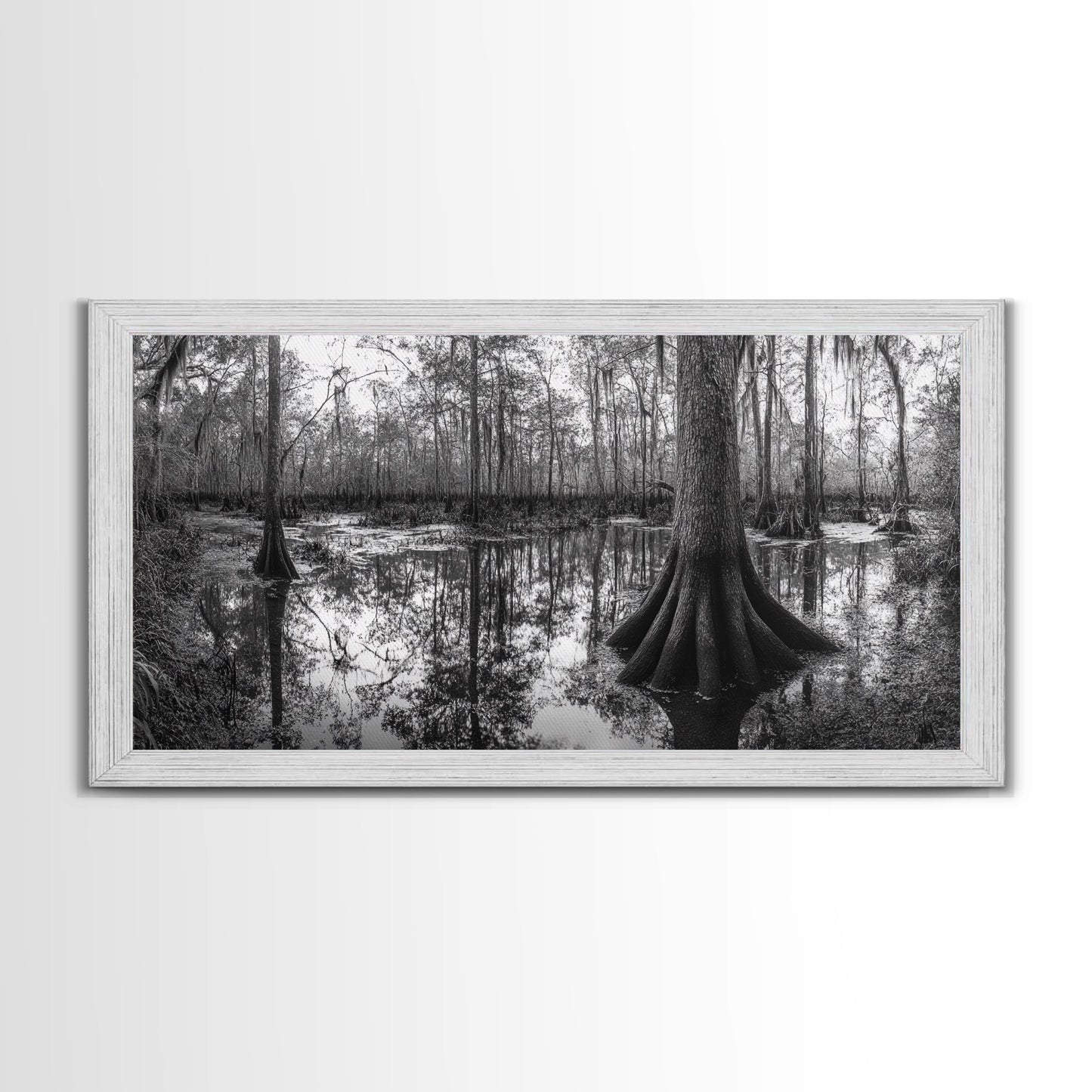 Sumpfbäume, Zypressenwasser, Naturspiegelungen, Marschlandschaft, gerahmter Leinwanddruck, rustikale Hüttendekoration, Wandbild für den Flur, Waldmotiv