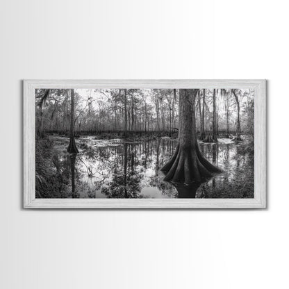 Sumpfbäume, Zypressenwasser, Naturspiegelungen, Marschlandschaft, gerahmter Leinwanddruck, rustikale Hüttendekoration, Wandbild für den Flur, Waldmotiv