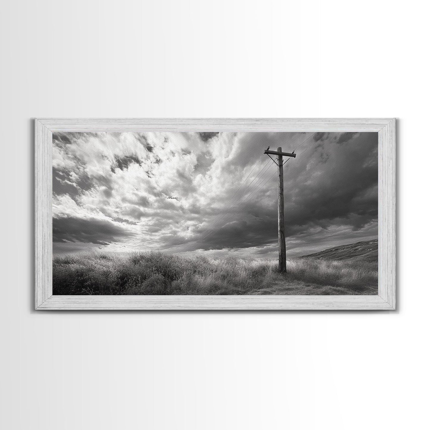 Strommast, ländliche Landschaft, stürmischer Himmel, ländliche Ruhe, gerahmter Leinwanddruck, Wandbild für den Eingangsbereich eines Bauernhauses, rustikaler Schwarz-Weiß-Druck