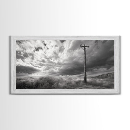 Strommast, ländliche Landschaft, stürmischer Himmel, ländliche Ruhe, gerahmter Leinwanddruck, Wandbild für den Eingangsbereich eines Bauernhauses, rustikaler Schwarz-Weiß-Druck
