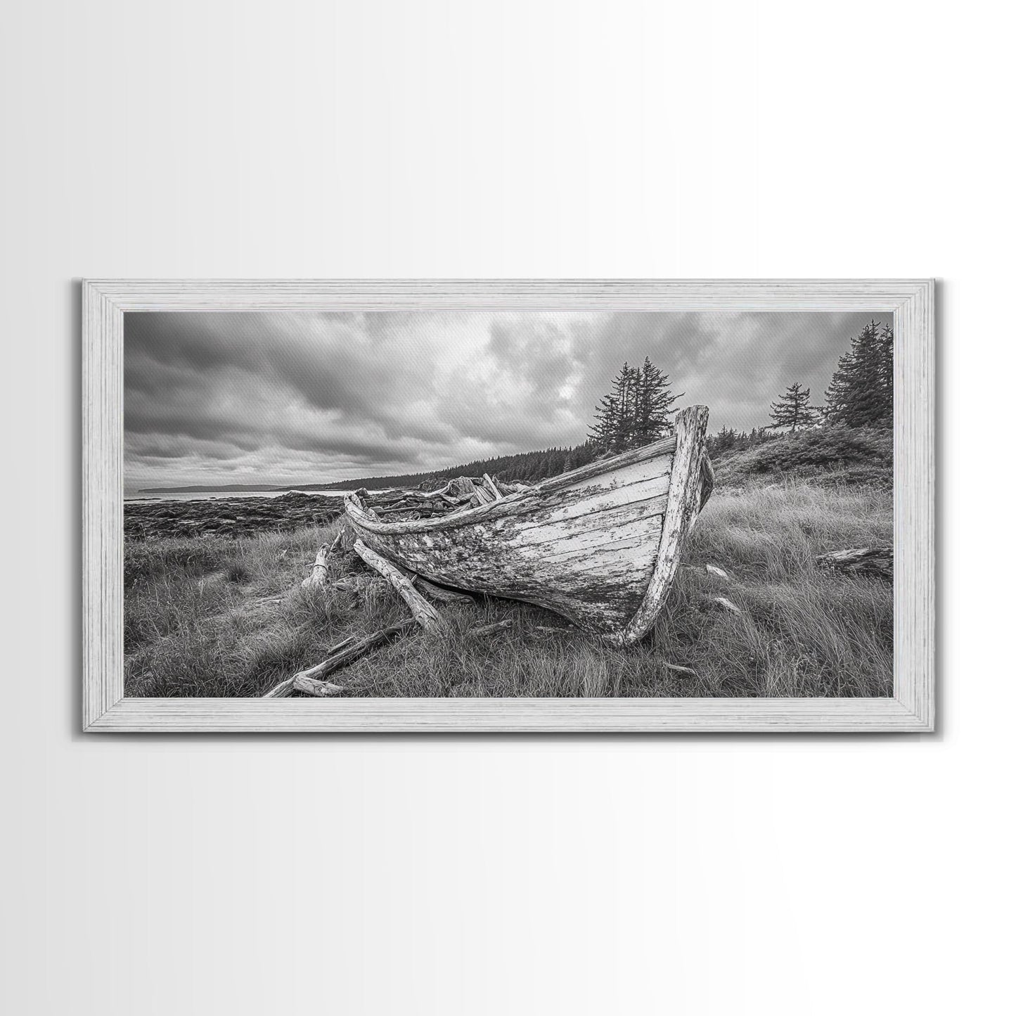 Abandoned Boat, Weathered Vessel, Coastal Forest, Framed Canvas Print, Farmhouse Wall Art, Rustic Cabin Decor, Autumn Vibe, Living Room Art