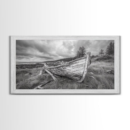 Abandoned Boat, Weathered Vessel, Coastal Forest, Framed Canvas Print, Farmhouse Wall Art, Rustic Cabin Decor, Autumn Vibe, Living Room Art