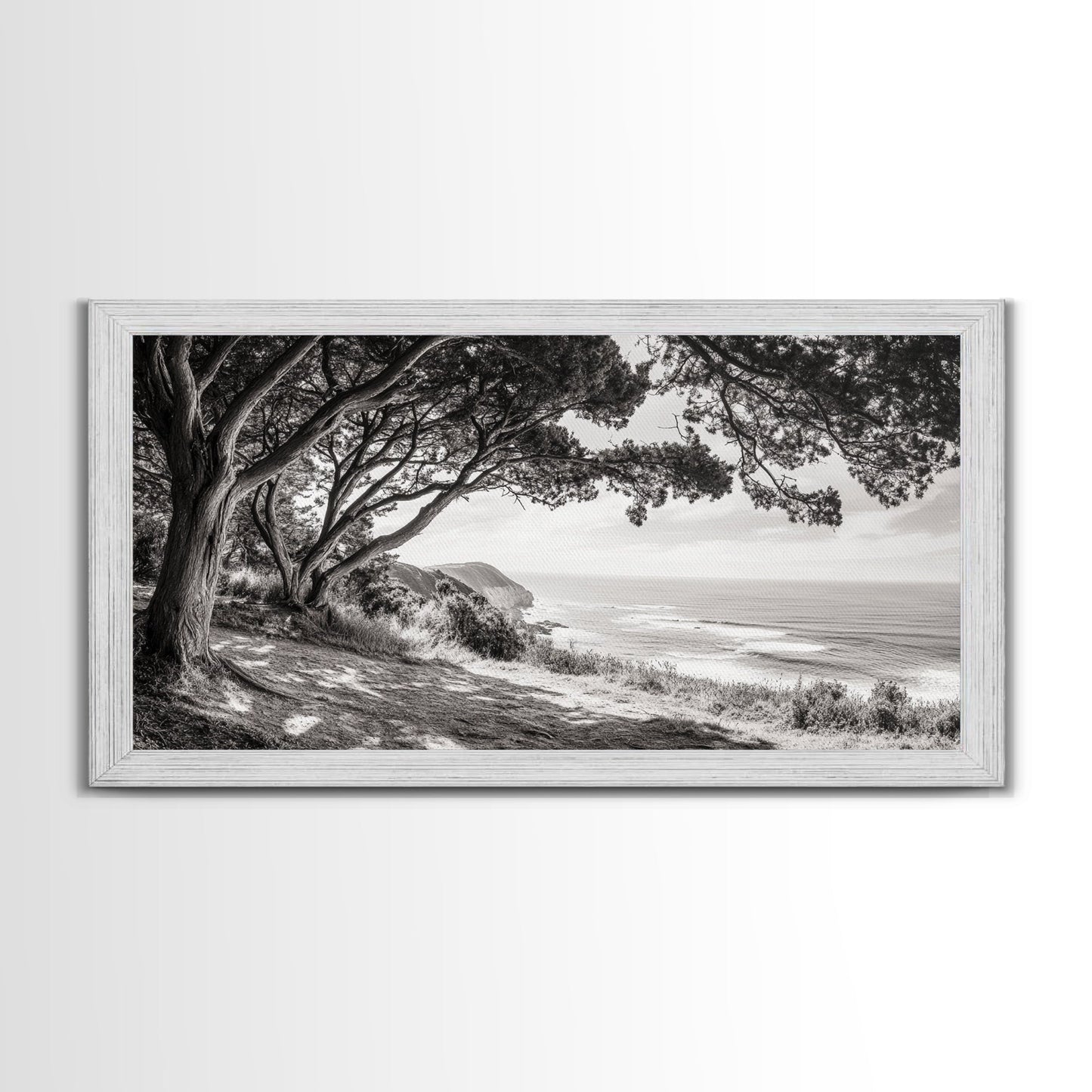 Ocean View, Coastal Trees, Cliffside Vista, Light and Shadows, Framed Canvas Print, landscape wall art, modern beach decor, boho living room