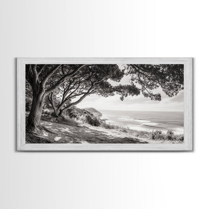 Ocean View, Coastal Trees, Cliffside Vista, Light and Shadows, Framed Canvas Print, landscape wall art, modern beach decor, boho living room