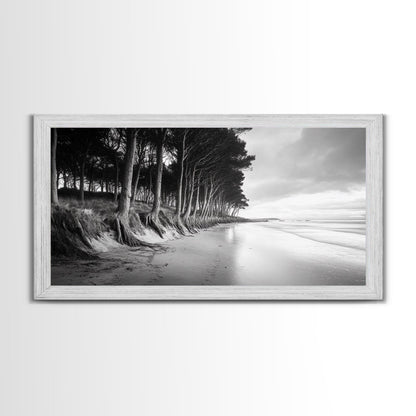 Kiefern, Sandstrand, Küstenidylle, Treibholzstrand, gerahmter Leinwanddruck, neutrale Wandkunst, rustikaler Küstenstil, Eingangsbereich-Landschaft
