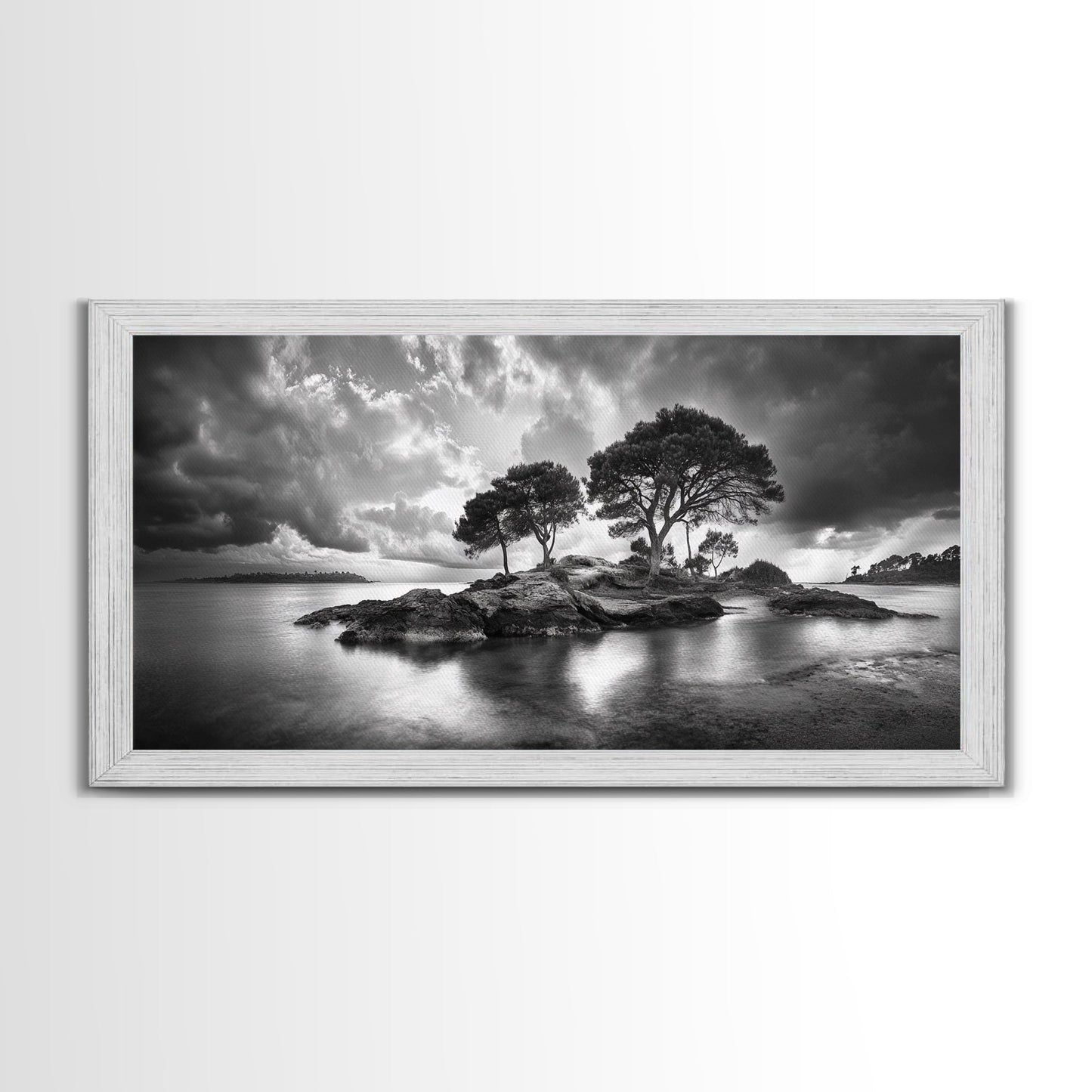 Island Pines, Rocky Shoreline, Peaceful Water, Stormy Sky, Framed Canvas Print, coastal art, rustic nature wall art, neutral living room decor