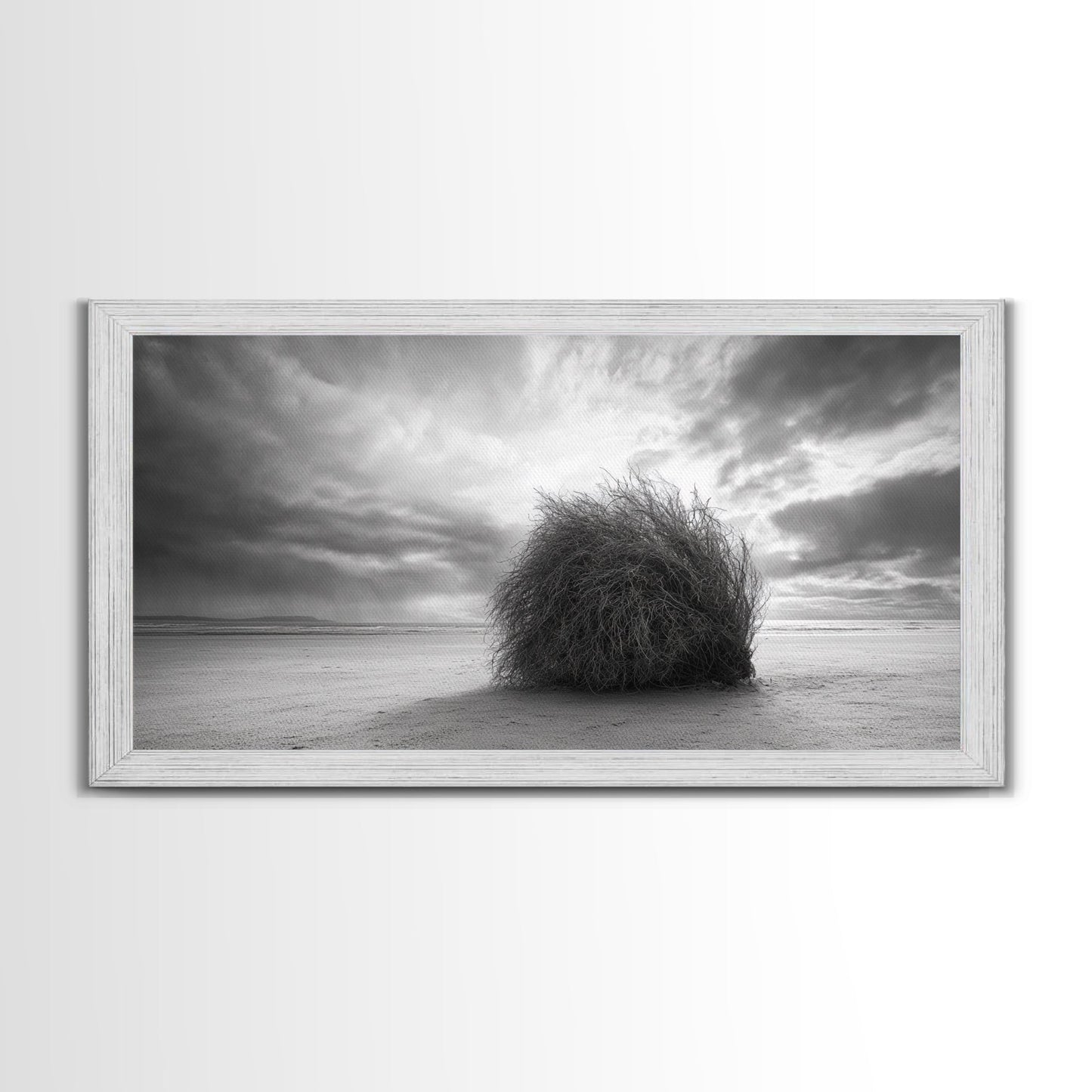 Tumbleweed, Desert Beach, Moody Sky, Solitary Calm, Framed Canvas Print, minimalist desert wall art, western Fall decor, neutral tones