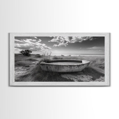 Concrete Trough, Coastal Horizon, Grassy Shoreline, Canvas Print, Rustic Farmhouse Bathroom Art, Minimalist Nature, Fall Beach Wall Decor