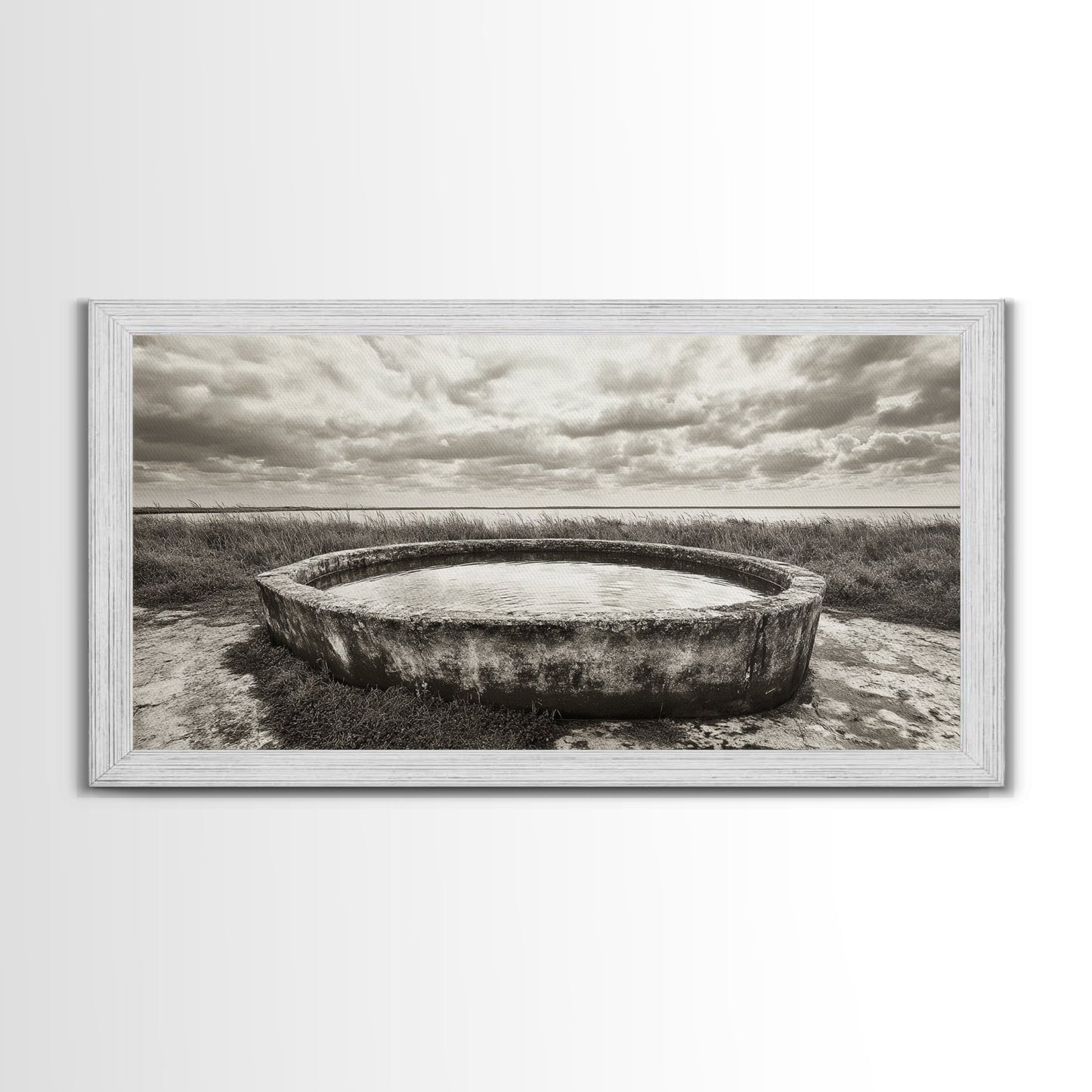 Water Trough, Overcast Skies, Ocean Breeze, Framed Canvas Print, Country Rustic Wall Art, Sepia Toned Fall Decor, Entryway Or Den Art